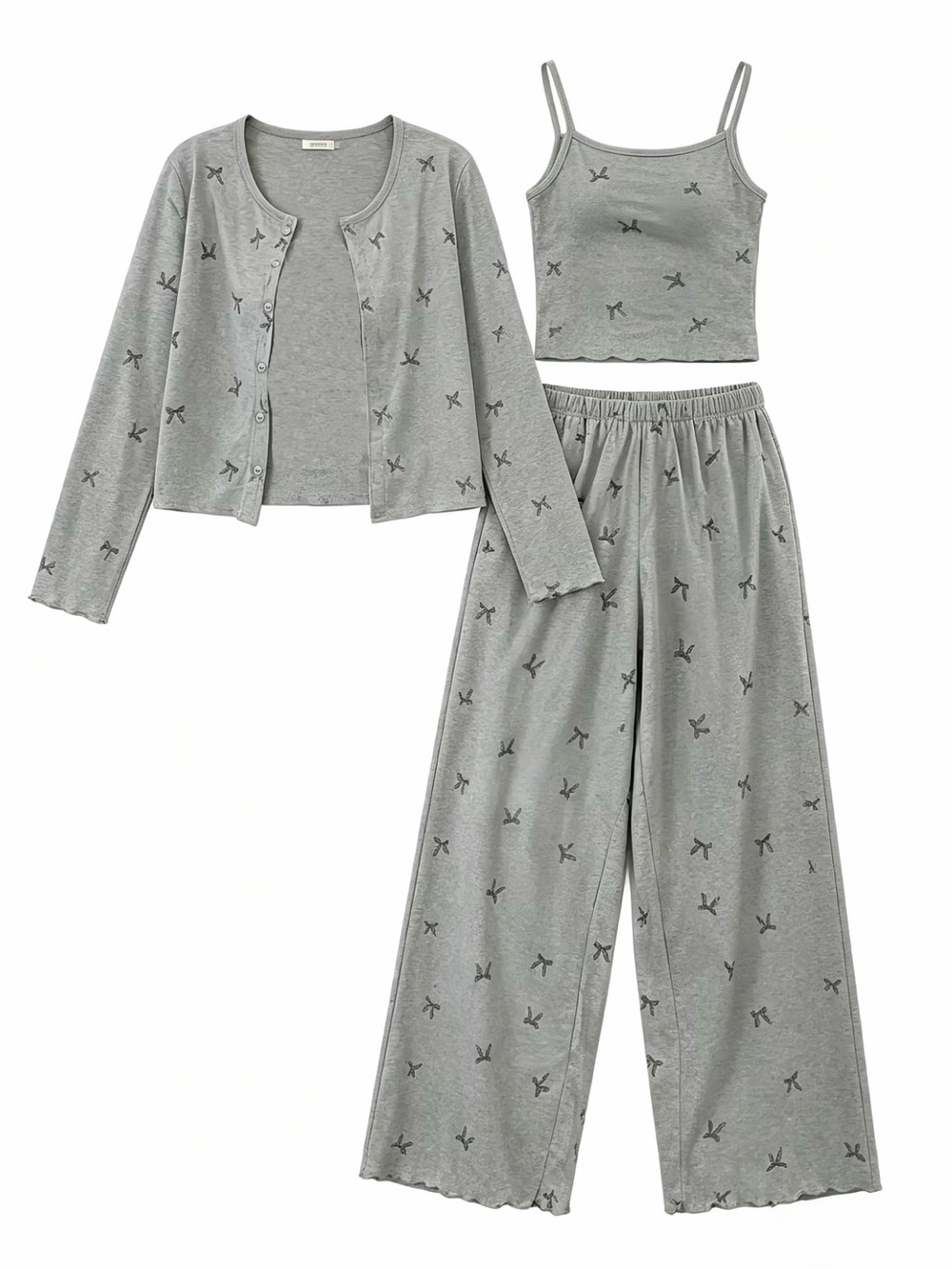 3-Piece Grey Bow-Print Loungewear Set - Cardigan, Cami & Wide-Leg Pants New - Picture 2 of 7